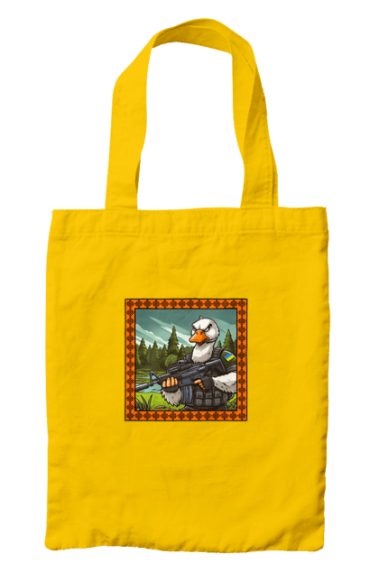 Bag with prints Goose landing. Armed forces, biological weapons, fighting geese, flag, goose landing, military goose, symbolics, ukraine. 2070702