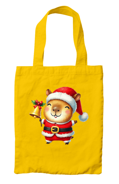 Bag with prints Funny capybara with a bell. Animal, bell, capybara, christmas, christmas capybara, gift, holiday, new year, new year`s gift, santa. 2070702