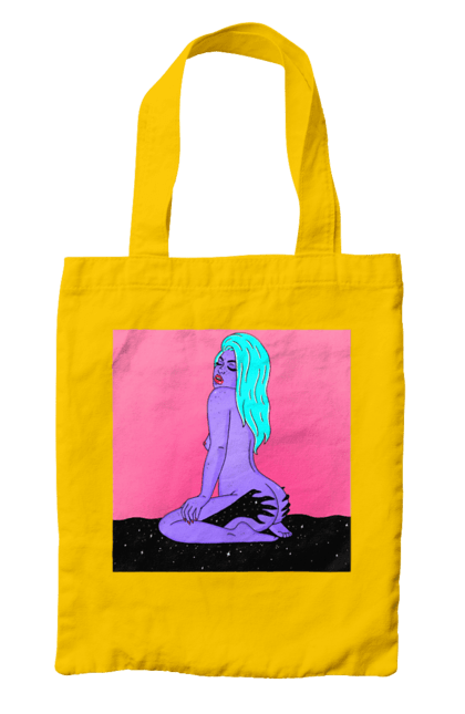 Сумка з принтом "Фіолетова Дівчина В Руках". Дівчина, інопланетянка, сидить. 2070702