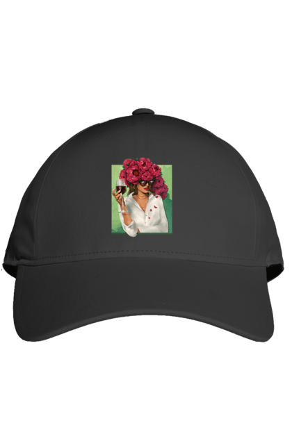 Кепка з принтом "Дівчина з півоніями та келихом". Вино, дівчина, квітка, келих, літо, окуляри, півонії, сорочка. 2070702