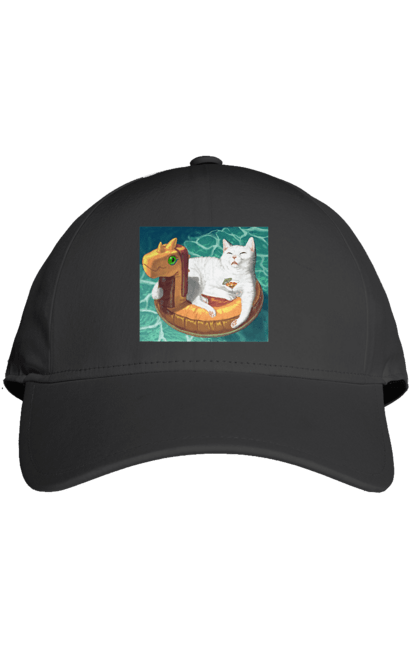 Кепка з принтом "Білий кіт у плавальному колі, на відпочинку". Басейн, відпочинок, кіт, коктейль, море, плавальний круг. 2070702