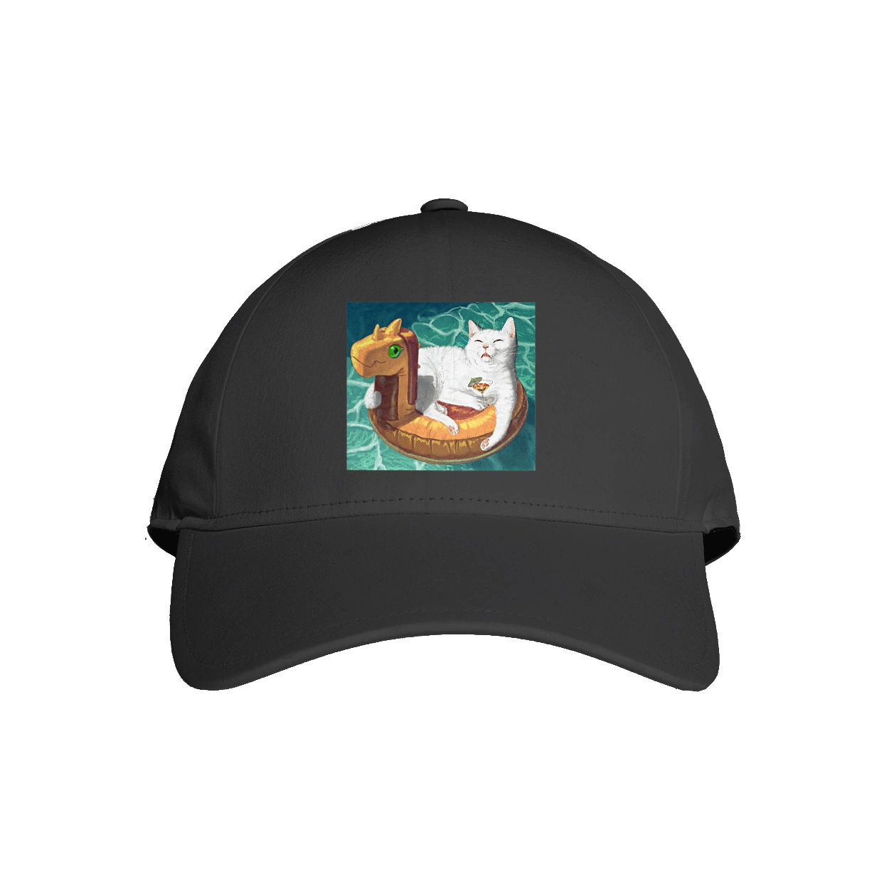 White cat in a swimming circle on vacation