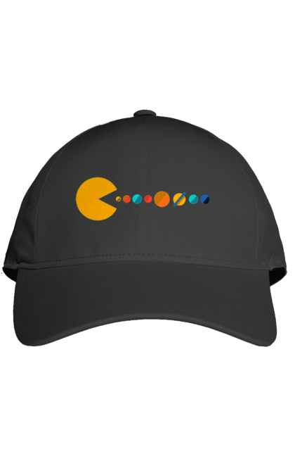 Кепка з принтом "Pac Man Planets". Atari, namco, pac man, аркадна відеогра, відеогра, комп`ютерна гра, космос, лабіринт, планети, сонячна система. 2070702