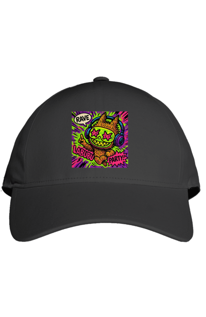Кепка з принтом "Лабубу". Вечірка, вуличне мистецтво, графіті, зоряніочі, коміксстиль, лабубу, навушники, неон, попарт, рейв. 2070702