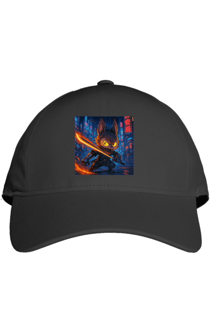 Кепка з принтом "Лабубу". Аніместиль, дія, катана, кіберніндзя, кіберпанк, лабубу, меч, неонове місто, очі` що світяться. 2070702