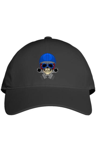 Кепка з принтом "череп мотолюбитель". Байкер, окуляри, череп, шолом. 2070702