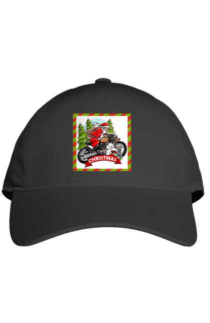 Кепка з принтом "Санта на мотоциклі". Мотоцикл, новий рік, подарунки, різдво, санта, сніговик, ялинка. 2070702