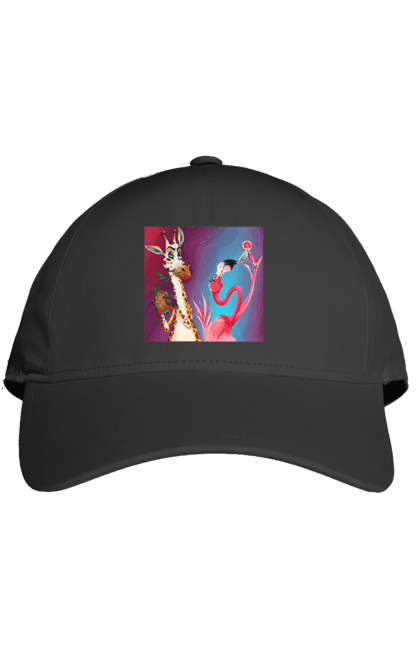 Кепка з принтом "Жираф І Фламінго На Вечірці". Жираф, їжа, коктейль, фламінго. 2070702