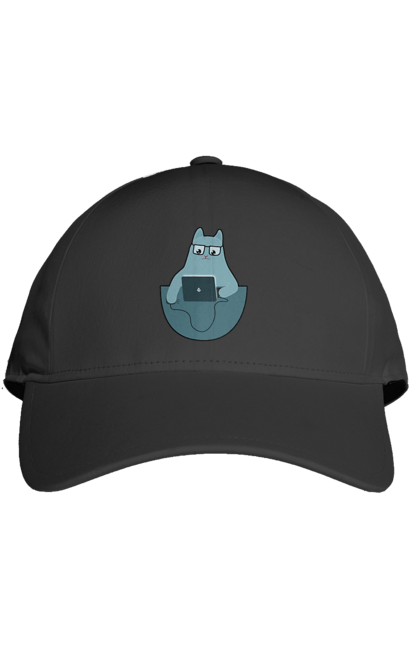 Кепка с принтом Кот программист. Angular, c, css, html, it, javascript, jquery, php, programmer, python, react, svelt, vue, айти, айтишник, код, кодировать, кодить, прогер, программист, программисты, ты ж, ты же, ты же программист, тыж, тыж программист, юмор. 2070702