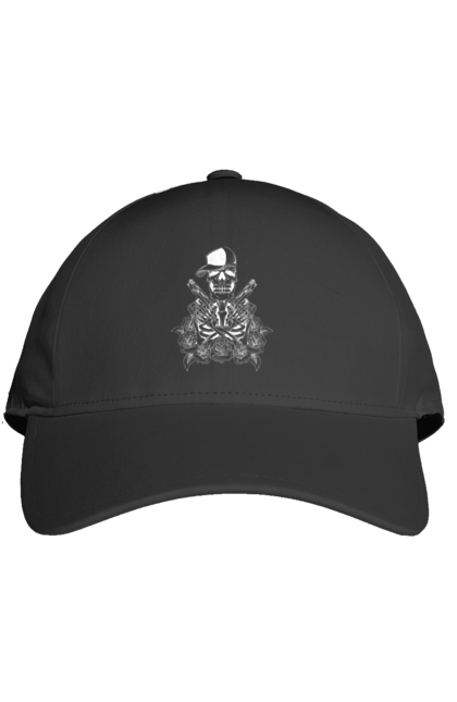 Cap with prints Skeleton with pistols. Black and white, bones, cap, gun, roses, scull, skeleton, teeth. 2070702