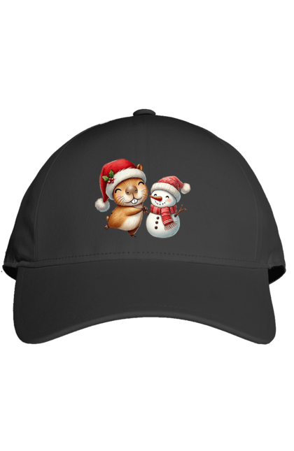 Cap with prints Capybara and Snowman. Animal, capybara, christmas, christmas capybara, gift, holiday, new year, new year`s gift, santa, snowman. 2070702