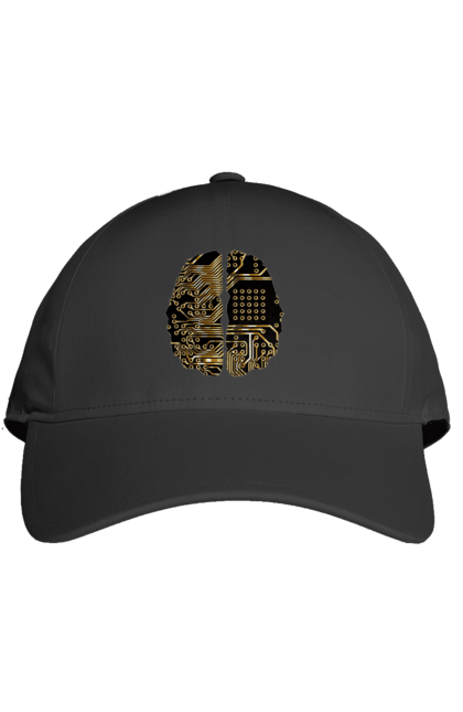 Кепка з принтом "Мозок Айті". Айті, айтішник, гик, знання, золотий, золото, інженер, кібер, кібернетика, кіборг, код, комп, кристал, мікросхема, мозок, програміст, професіонал, професія, розробник, розум, чіп. 2070702