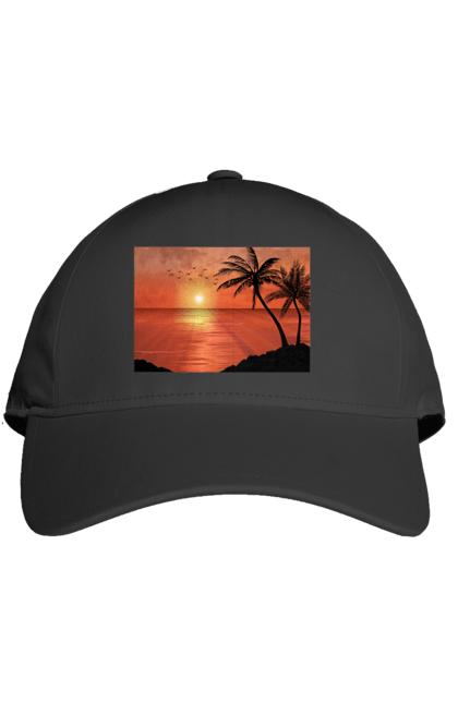 Кепка з принтом "Захід Пальми Море". Берег, захід, море, пальми. 2070702