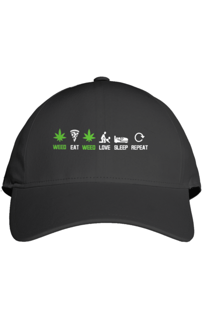 Кепка з принтом "Їсти , любити, спати, повторити". Їсти, коноплі, любов, піца, повторити, секс, сон, спати, трава. 2070702