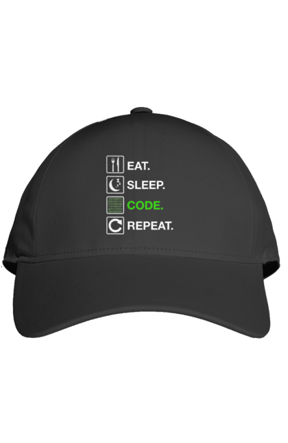Кепка з принтом "Їж Cпи Кодуй Повторюй". Айті, айтішник, для айтішника, для програміста, їж спи, кодуй повторюй, подарунок айтішнику, подарунок програмісту, програміст, розробник. 2070702
