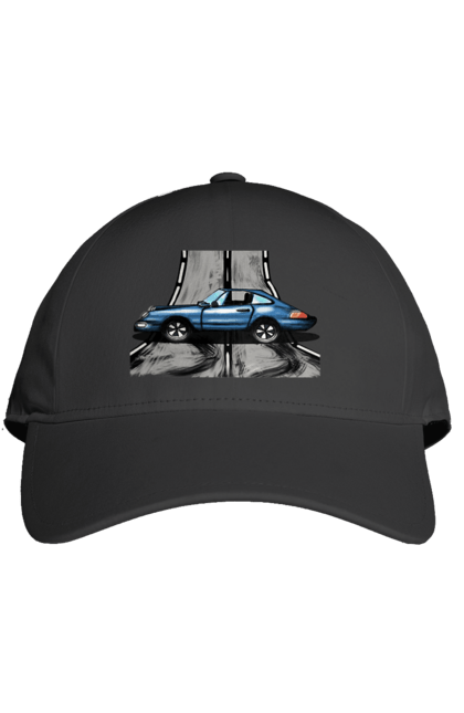 Кепка з принтом "Спортивний Автомобіль На Дорозі". Автомобіль, гонки, синій, спортиного, швидкий, швидкісний. 2070702