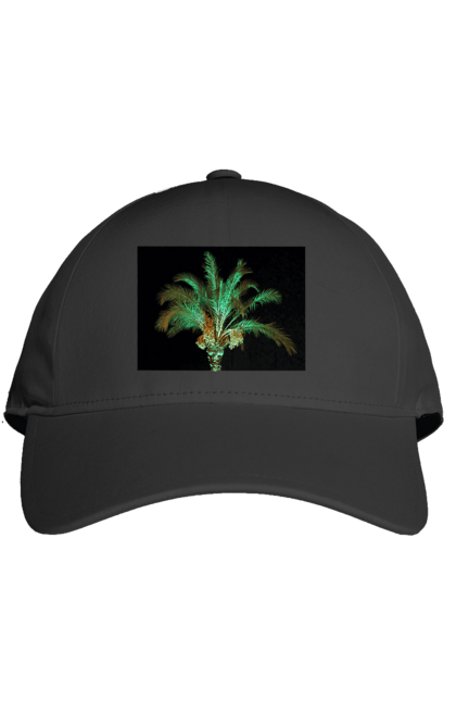 Cap with prints Date Palm At Night. Adventure, black, coast, date, green, island, night, oasis, ocean, palm, recreation, sea, sky, south, travel, tropics, vacation. 2070702