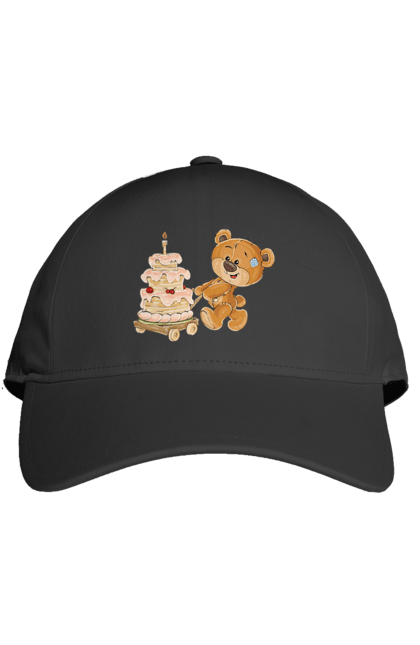 Кепка з принтом "Ведмедик з тортом". Ведмідь, день народження, медвеженок, торт. CustomPrint.market