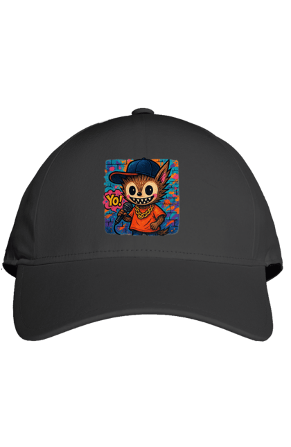 Кепка з принтом "Лабубу". Бейсболка, вуличне мистецтво, графіті, золотийланцюг, лабубу, мікрофон, міський стиль, репатмосфера, хіпхоп, яскраво. 2070702