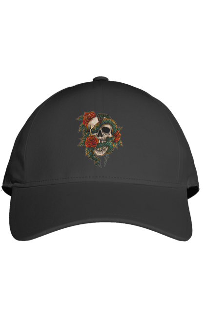 Cap with prints Skull with a snake. Bones, flowers, roses, scales, scull, snake, spikes, teeth. 2070702