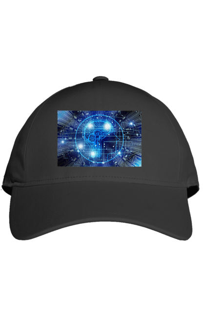 Кепка з принтом "Штучний інтелект". Айті, айтішник, гік, знання, інженер, інтелект, кібер, кібернетика, кіборг, код, комп, комп`ютерник, кристал, машинне навчання, мікросхема, мозок, портрет, програміст, професіонал, професія, розробник, розум, хакер, чіп, штучний інтелект, штучний розум. 2070702
