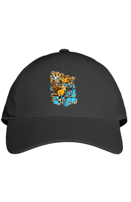 Кепка з принтом "Жовті квіти на синьому фоні". Арт, жовтий та синій, жовті квіти, жовто-синій, квіти, малюнок, природа, синій та жовтий, синьо-жовтий. 2070702