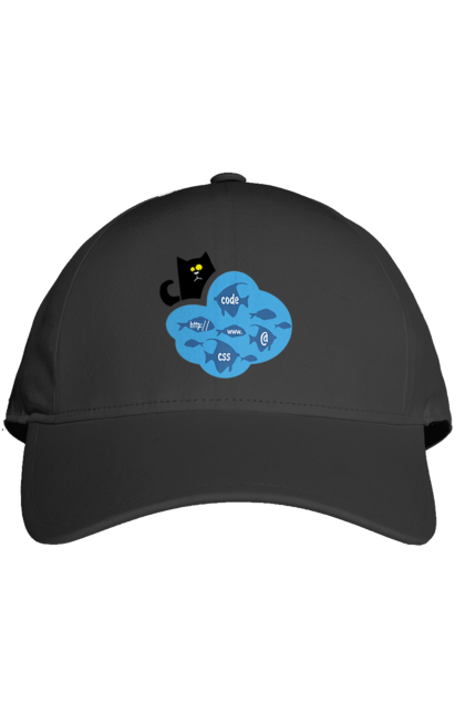 Кепка з принтом "Кіт програміст". Angular, c, css, html, it, javascript, jquery, php, python, react, svelt, vue, айтишник, айті, гумор, код, кодувати, прогер, програміст, програмісти, ти ж, ти ж програміст, тиж програміст. 2070702