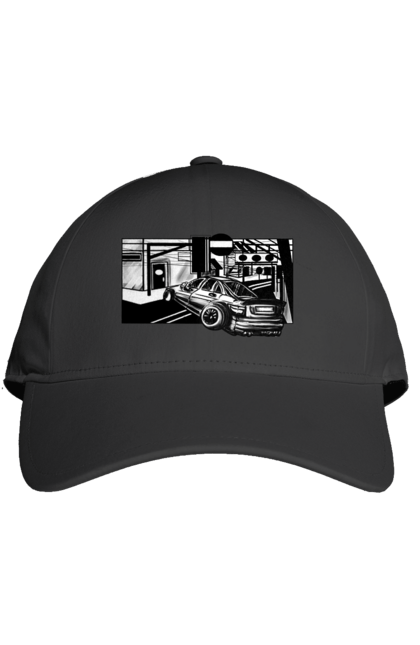 Кепка з принтом "Небезпечний Автомобіль на дорогах вулиць". Автомобіль, гонки, машина, небезпечний, чорно білий, швидкий. 2070702