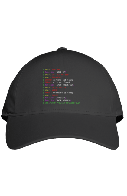Кепка з принтом "Життя програміста". Angular, c, css, html, it, javascript, jquery, php, python, react, svelt, vue, айтишник, айті, гумор, код, кодувати, прогер, програміст, програмісти, ти ж, ти ж програміст, тиж програміст. ART принт на футболках