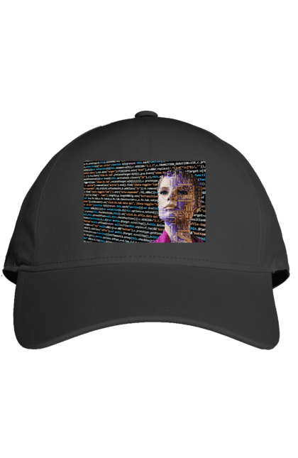 Кепка з принтом "Штучний Розум". Айті, айтішник, гик, жінка, знання, інженер, інтелект, кібер, кібернетика, кіборг, код, комп, комп`ютерник, кристал, машинне навчання, мікросхема, мозок, портрет, програміст, професіонал, професія, розробник, розум, світиться, світло, хакер, чіп, штучний інтелект, штучний розум. 2070702