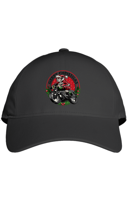 Кепка з принтом "Щасливого Різдва, дід мороз на мотоциклі". 2022, дід мороз, зима, мотоцикл, новий рік, подарунки, різдво, санта, сніг. 2070702