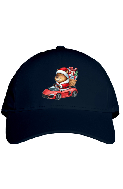 Cap with prints Christmas Capybara with a Gift. Animal, capybara, car, christmas, christmas capybara, gift, holiday, new year, new year`s gift, santa. 2070702