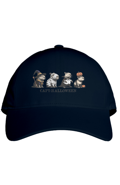 Кепка з принтом "Капібара Хелловін". Capybara, halloween, водосвинка, гарбуз, гризун, капібара, свято, тварина, хелловін. 2070702