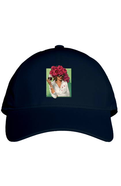 Кепка з принтом "Дівчина з півоніями та келихом". Вино, дівчина, квітка, келих, літо, окуляри, півонії, сорочка. 2070702