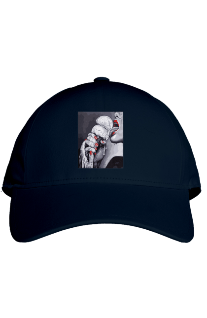 Кепка з принтом "Смак ескімо". Апетитне ескімо, вона лиже, дівчина та морозиво, лиже мовою, смак ескімо, смак морозива, тече по губах, тече по руках. 2070702