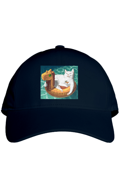 Кепка з принтом "Білий кіт у плавальному колі, на відпочинку". Басейн, відпочинок, кіт, коктейль, море, плавальний круг. 2070702