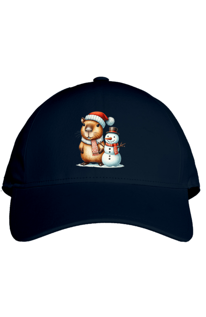 Cap with prints Capybara and Snowman. Animal, capybara, christmas, christmas capybara, gift, holiday, new year, new year`s gift, santa, snowman. 2070702