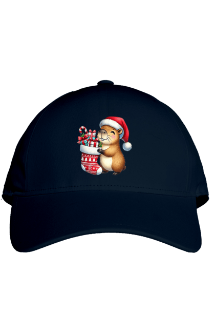 Cap with prints Christmas Capybara with a Gift. Animal, capybara, christmas, christmas capybara, gift, holiday, new year, new year`s gift, santa. 2070702