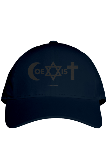 Cap with prints Coexist. Christianity, coexist, equality, interreligious dialogue, islam, judaism, religion, symbols of faith, tolerance. 2070702
