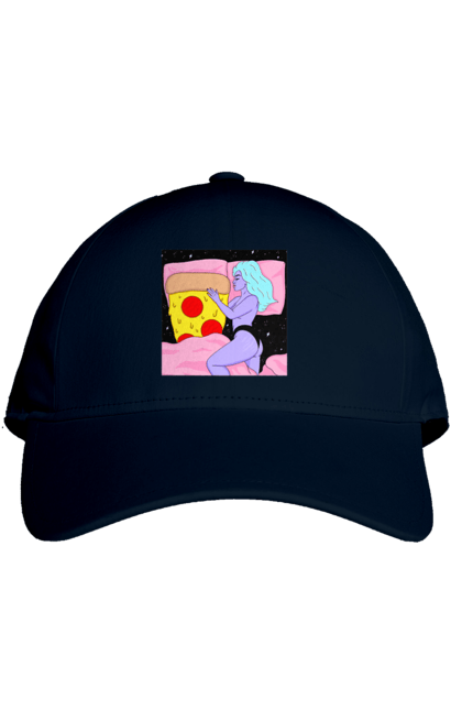 Cap with prints Purple Girl And Pizza. Bed, girl, pizza. 2070702