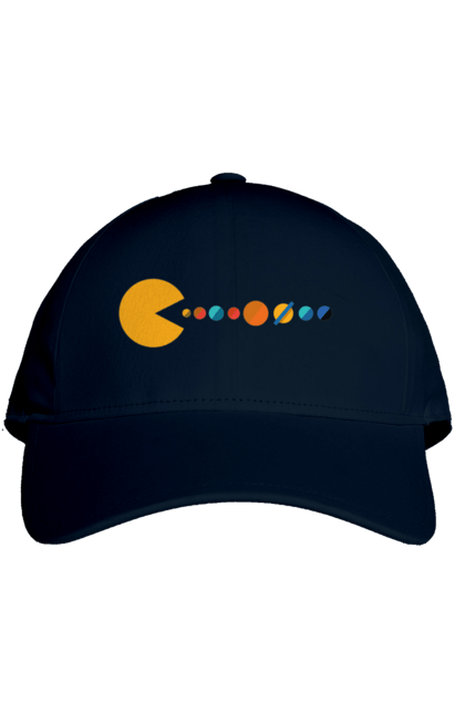 Кепка з принтом "Pac Man Planets". Atari, namco, pac man, аркадна відеогра, відеогра, комп`ютерна гра, космос, лабіринт, планети, сонячна система. 2070702