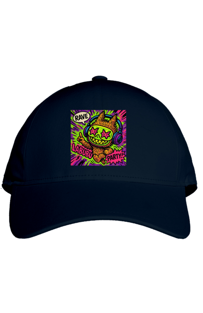 Кепка з принтом "Лабубу". Вечірка, вуличне мистецтво, графіті, зоряніочі, коміксстиль, лабубу, навушники, неон, попарт, рейв. 2070702