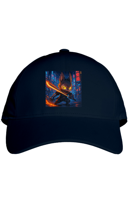 Кепка з принтом "Лабубу". Аніместиль, дія, катана, кіберніндзя, кіберпанк, лабубу, меч, неонове місто, очі` що світяться. 2070702