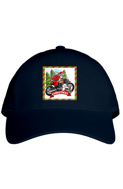 Cap with prints Santa on a motorcycle. Christmas, motorcycle, new year, presents, santa, snowman, tree. 2070702
