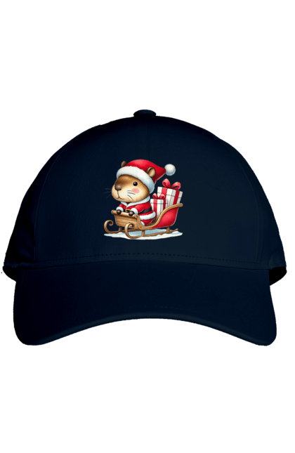 Кепка з принтом "Різдвяна капібара з подарунком". Капібара, капібара з подарунком, новий рік, новорічний подарунок, подарунок, різдво, різдвяна капібара, санта, свято, тварина. 2070702