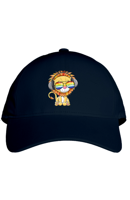 Cap with prints Lion In Glasses And Headphones. Glasses, headphones, lion cub. 2070702