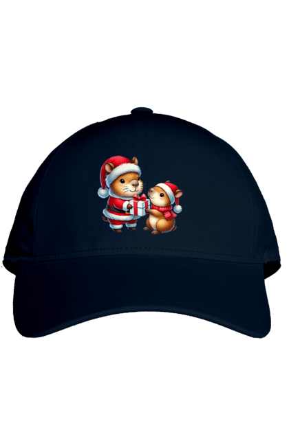 Cap with prints Christmas Capybara with a Gift. Animal, capybara, christmas, christmas capybara, gift, holiday, new year, new year`s gift, santa. 2070702