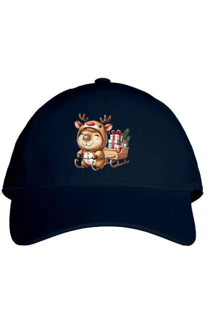 Cap with prints Christmas Capybara with a Gift. Animal, capybara, christmas, christmas capybara, gift, holiday, new year, new year`s gift, santa. 2070702