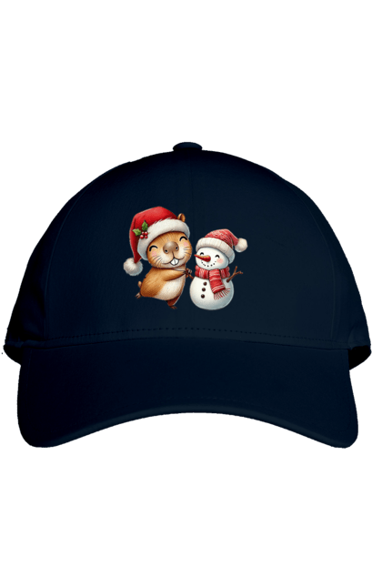 Cap with prints Capybara and Snowman. Animal, capybara, christmas, christmas capybara, gift, holiday, new year, new year`s gift, santa, snowman. 2070702