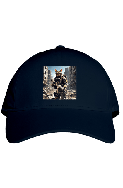 Кепка с принтом Кот десантник. Бронежилет, винтовка, военный, война, защитник, камуфляж, кот, ружье. 2070702